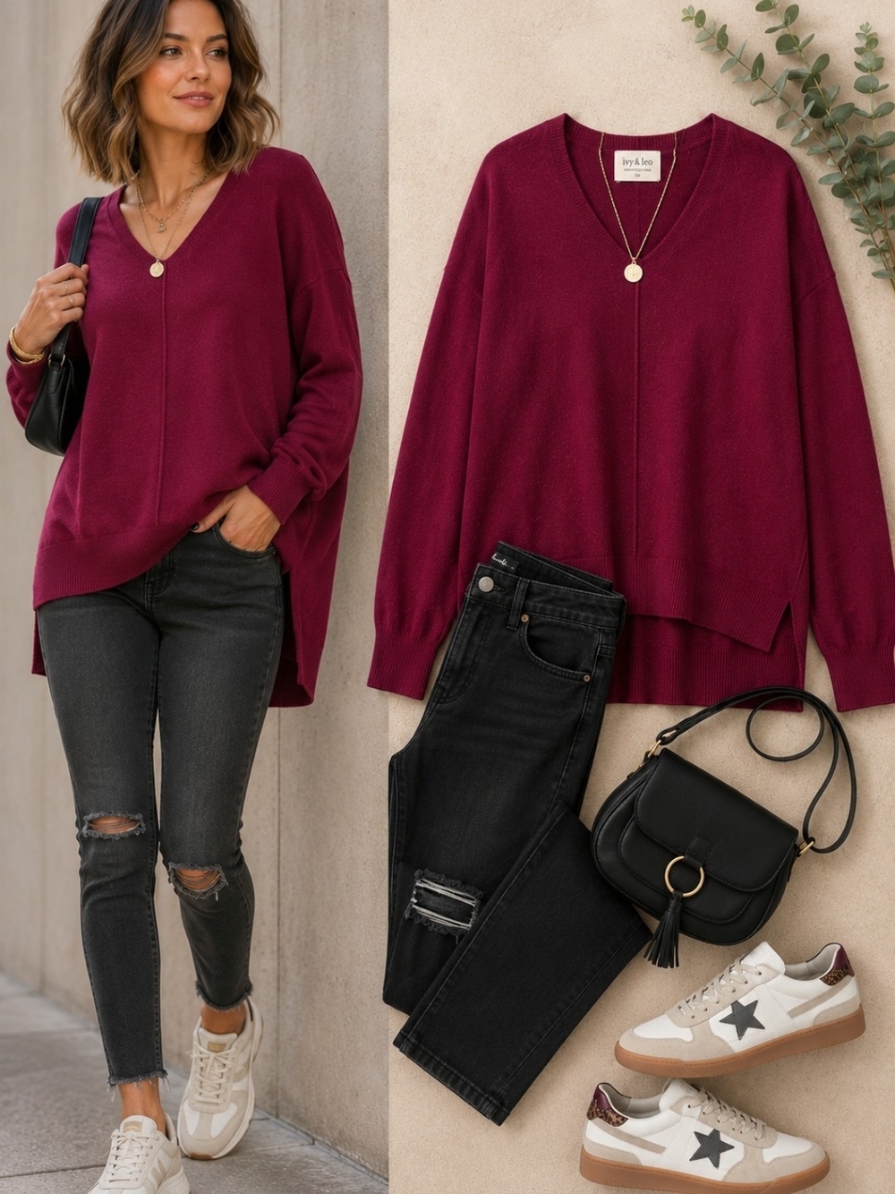 Burgundy High Low Tunic Sweater Soft Knit V Neck Oversized S/M Plum Wine Berry